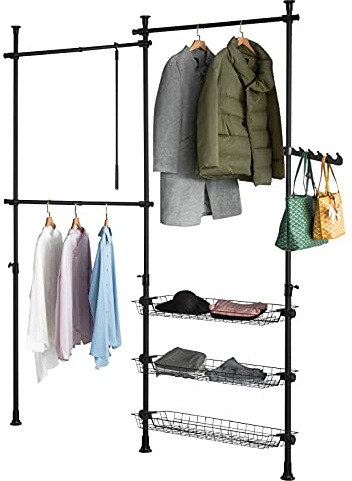 SoBuy Teleskop Kleiderständer, robuster Kleiderstange, verstellbarer offener Kleiderschrank mit Ablagen für Schlafzimmer, Garderobenständer, Schwarz FRG34-II-SCH