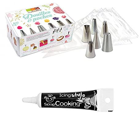 Set de pastelería 6 boquillas y mangas pasteleras desechables + tubo de glaseado negro