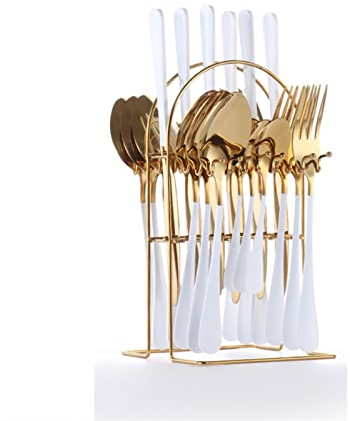 GIBZ Set di Posate 24 Pezzi con Porta Posate Colorate Posate in Acciaio Inox Coltello e Forchetta Moderne per la Cucina, Oro Bianco