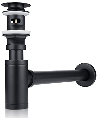 Design Siphon Ablaufgarnitur Set, Schwarz Syphon Sifon für Waschbecken & Waschtisch mit Überlauf, Flaschensiphon 1 1/4 x 32mm, Tauchrohr Höhe verstellbar, mit Geruchverschluss Gummimanschette