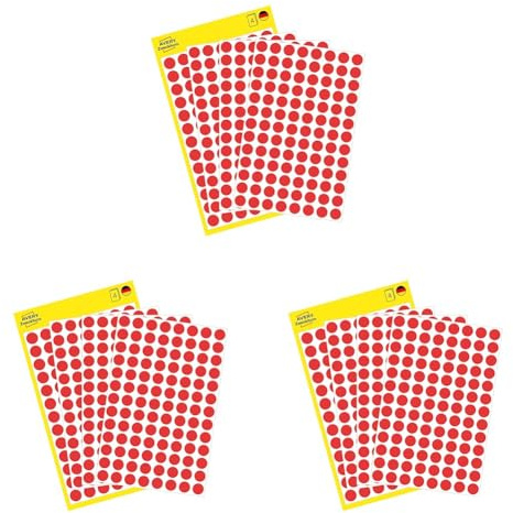 AVERY Zweckform 3010 selbstklebende Markierungspunkte 416 Stück (Ø 8mm, Klebepunkte auf 4 Bogen, Punktaufkleber zur Farbcodierung, runde Aufkleber für Kalender, Planer und zum Basteln) rot, 3er Pack