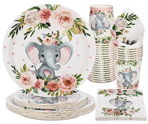 PARTY GO Elefant Babyparty Deko för tjejer för 25 gäster, rosa födelsedagsservis 100 delar, engångs papperstallrikar, koppar, servetter för flickors baby shower dekorationer