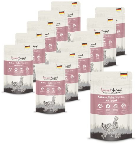 Venandi - Premium Nassfutter für Katzen - Kitten - Huhn mit Lachsöl, 12 x 125g (12er Pack), getreidefrei mit extra viel Fleisch