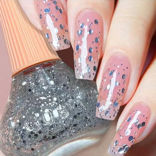 EONFAVE Glitter Nail Varnish - Quick Drying, Long Lasting Flash Shinny Silver Nail Polish - No Baking, Easy Apply
