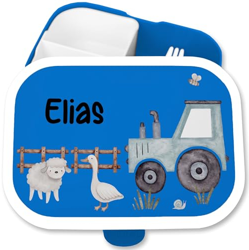 Kinder Campus für Mepal - Personalisierte Traktor Brotdose mit Tieren I Kindgerechte Lunchbox mit Traktor und Bauernhoftieren - 750 ml - Blau - unterteilte trecker vesperdose kindergarten bagger