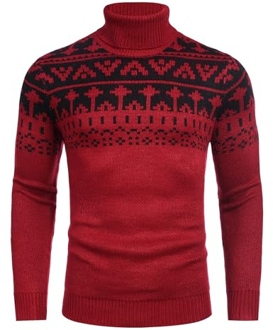 COOFANDY Jersey de punto para hombre, diseño noruego, suéter de invierno, feo, Navidad, cuello alto, suéter cálido de Navidad, Rojo-negro -Patrón Geométrico, M