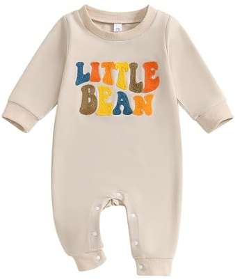Geagodelia Newborn Baby Boy Little Bean Baby Grow Long Sleeve Baby Romper One Piece Outfit Cotton Autumn Winter Clothes for Babies (Beige, 3-6 Months)