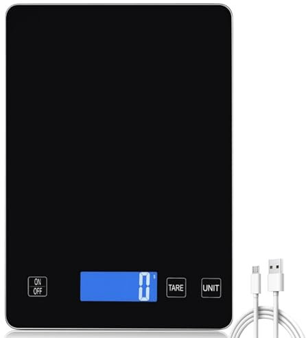 Báscula de cocina digital, 15 kg/1 g, báscula de cocina digital recargable por USB, con pantalla LED y función de tara, báscula de alimentos con base de cristal templado para hornear y cocinar, medir