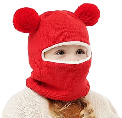 Balakaka 3-i-1 halsduk mössa mask vinter stickad mössa barnmössa, dubbel pompon barn mössa mössa, varm stickad mössa hatt för 2-7 år gamla pojkar och flickor, Atmosfärisk röd, 2-7 år