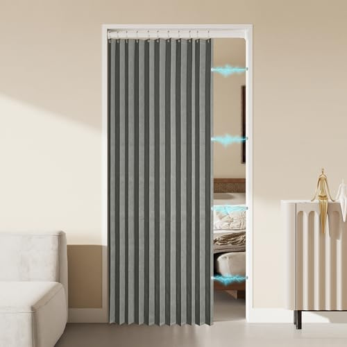 Linen Pleated Folding Magnetic Curtains for Closet and Patio Doors - Room Divider With Tiebacks - Accordion Blinds for Sliding Glass and French Doors - 25x40 Grey