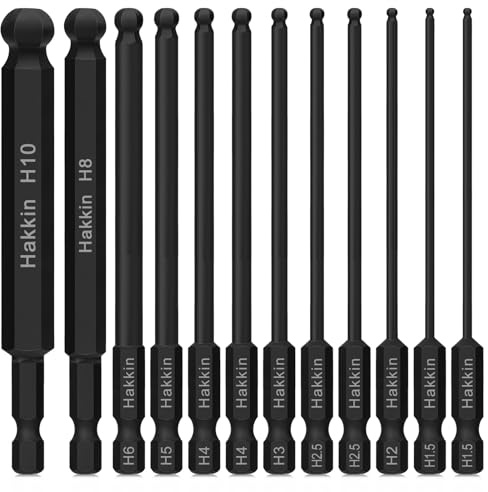 Ball End Allen Key Bit Set Hakkin 12Pcs 100mm Metric Ball End Hex Bits | 1/4” Shank S2 Steel hex Head Allen Wrench Set hex Key H1.5 H2 H2.5 H3 H4 H5 H6 H8 H10 for Furniture Assembly