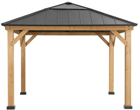 SUNJOY 3.36x3.36m Wood Hardtop Gazebo, Natural Cedar Frame, Steel Roof & Polycarbonate Skylight, Outdoor Permanent Pavilion for Shade, Snow & Wind Resistance, for Garden, Patio, Deck