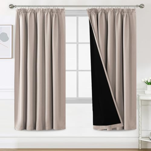 H.Versailtex 100% Pencil Pleat Blackout Curtains, Thermal Insulated Black Out Curtains with Lining, W46x L72 Inch, 2 Panels, Natural Sand