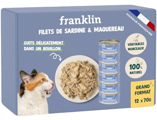 FRANKLIN – Nourriture Humide pour Chat – Filet Sardine et Maquereau cuit au Bouillon – 100% Naturel, sans Additifs – Texture Savoureuse – Riche en Protéines – Faible en Calories – Lot 12 x 70g