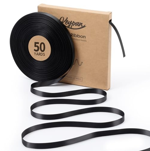 Keypan Geschenkband Schwarz Satinband, Schleifenband, 9mm x 45,7m | Doppelseitiges Satinband für Geschenkband Hochzeit, Blumensträuße, Schleifen, Basteln