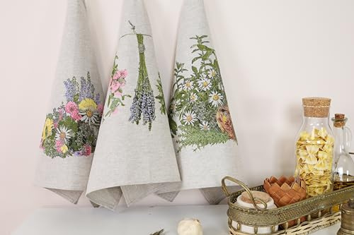 textile idea - Set mit 3 Geschirrtücher Halbleinen 46x60 cm, Küchentücher, Kleine Handtücher 60% Leinen, 40% Baumwolle, Handtuch mit Aufhänger - Kräuter, 3 STK.