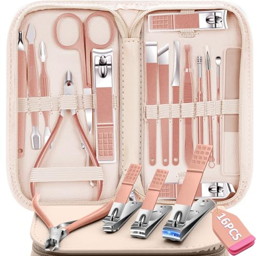 Maniküre Set Pediküre-Set, 16 Stück Edelstahl Nagelknipser Set, Professionelle Nagelpflege Nagelset mit Tragbarem Reise-Lederetui für Männer Frauen Schwarz