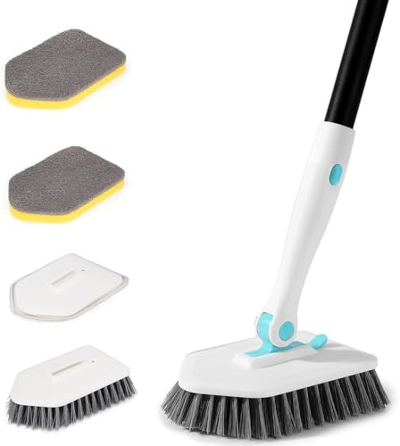 Bigemai Brosse de nettoyage 3 en 1 pour douche, salle de bain, douche, avec manche long de 150 cm, poils raides pour salle de bain, cuisine, baignoire, carrelage, lavabo, mur, sol en verre (blanc)
