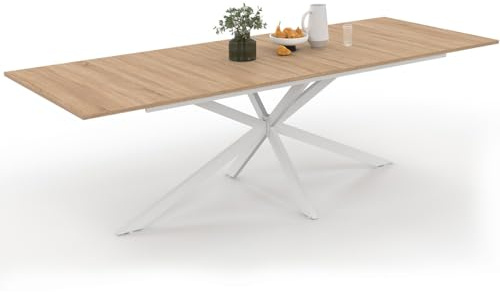 IDMarket Alix - Mesa de comedor extensible rectangular de 8 a 12 personas, pie araña madera y blanco, 200 – 240 cm