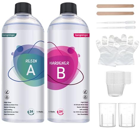 Souvik Epoxy Resin Transparente 500ml, Autonivelante Resina Epoxi y sin Burbujas, Relación 1:1, Bajo Olor, Resistente al Amarilleamiento, para Manualidades, Bricolaje, Madera y Joyas