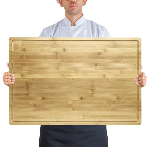 Bamboo Chopping Board, 61x46x2cm Large Wooden Cutting Board with Juice Grooves & Handle, Over The Sink Chopping Block Double-Sided Use for Meats Vegetable Bread Fruits BBQ Charcuterie Cheese