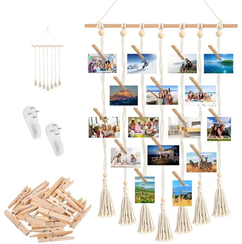 Marcos Fotos Multiples Madera con 30 Pinzas, Cuerdas Ajustables y 2 Clavos Sin Marcas, Marco Pared Colgar Collage Fotos para Hogar, Dormitorio, Salón, Oficina & Habitación Estudiantes Decoración DIY