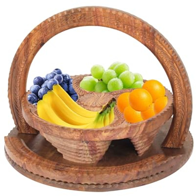 Panier à fruits en bois avec poignée, à fruits sculptés à la main en bois - Panier pliable en circulaire à 4 compartiments - à sculpter en fait à la main pour table de coucin