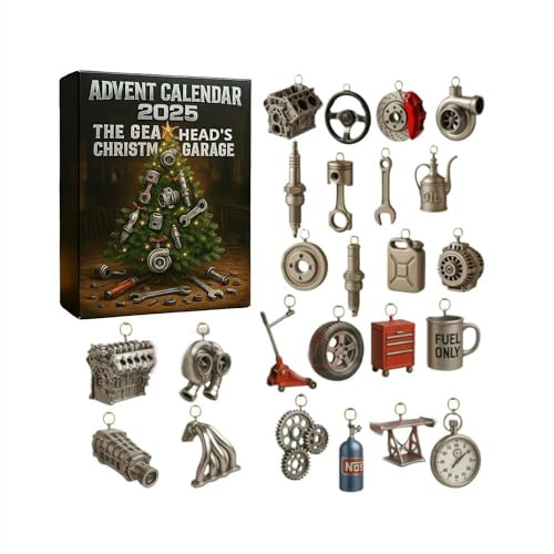 Adventskalender 2025 für Männer – 2D-Acryl „The Gearhead’s Christmas Garage“ mit 24 Mini-Autoteilen und Werkzeugen, Automobil-Weihnachten für Autoliebhaber und Mechaniker