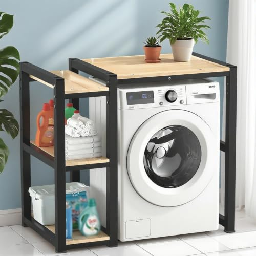 Armario Lavadora Y Secadora – Estantería Superior 3 Niveles Ajustables, Estructura Acero 4cm, Mueble Torre Encima Lavadora de Tambor, Estante Vertical Cuarto de Lavado(Black)