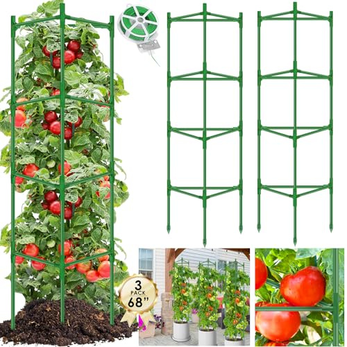 WYRJXYB Paquete de 3 jaulas de tomate de 68 pulgadas, marco grande de cultivo de tomates con lazo giratorio de 164 pies, jaula de tomate resistente al óxido para macetas, enrejado de jardín, plantas