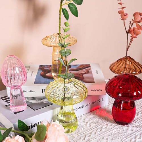 Glass Mushroom Propagation Stations, Set of 3/4/5/6 Colorful Glass Planters for Indoor Plants, Home Decor Vases, Christmas Birthday Gifts (5PC-1)