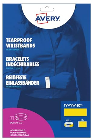 AVERY Sachet de 100 bracelets d’identification papier Tyvek jaune fluo, largeur 19 mm, résistants à l’eau, indéchirables, fermeture sécurisée, événements contrôle d’accès