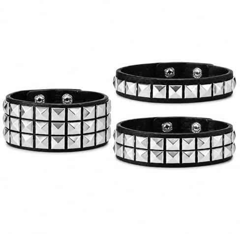3 Black Punk Studded Cuff Bracelets - PU Leather With Steel Spikes | Adjustable Snap-Button Fit, PU Leather With Steel Spikes, Three Black Cuff Designs, For Rock Concerts And Cosplay Styling