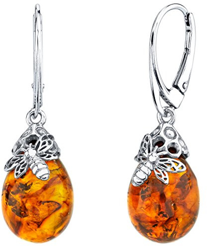 Peora Genuine Baltic Amber Bumble Bee Earrings for Women 925 Sterling Silver, Teardrop Shape, Rich Cognac Color, Lever backs, Real Baltic Amber Earrings for Adults, 100% Natural from Baltic Region