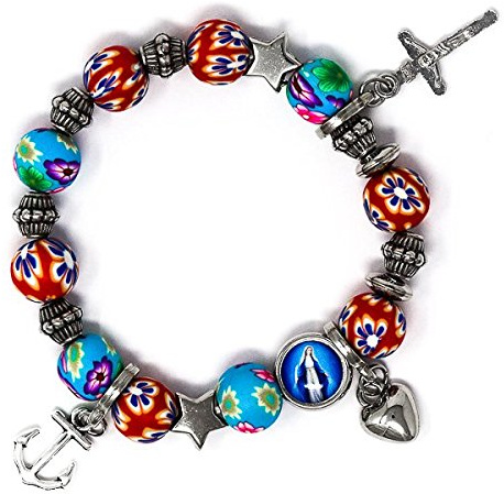 Catholic Gift Shop Ltd Red One Decade Rosary Bracelet, Miraculous Heart Cross Anchor Bracelet, & Lourdes Prayer Card