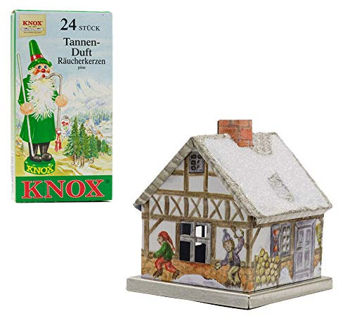 KNOX Räucherhaus aus Metall - Fachwerkhaus mit 24 Räucherkerzen - Duft: Tannenduft - für Räucherkerzen der Größe M