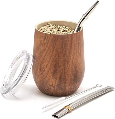 balibetov Yerba Mate Set – Mate Becher, 2 Bombillas & Reinigungsbürste – Doppelwandig Isoliert – BPA-Freier Deckel – Leicht zu Reinigen