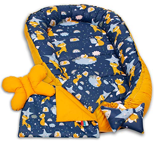 PaLulli Babynest 4-TLG Set 95x55 cm | Babyausstattung mit Matratze & Kuscheldecke | 100% Baumwolle, hypoallergen | Babybett Nestchen für Neugeborene 0-8 Monate (Konstellation Grau)
