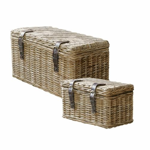 Loberon Truhe 2er Set Darill, traditionell von Hand gefertigt, Zwei Größen, Ordnungshelfer, Aufbewahrung, Mahagoniholz, Rattan, Rindsleder, braun