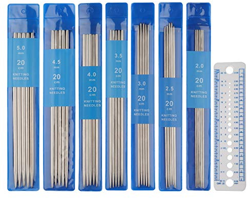 Coopay 35 Stück Stricknadeln Edelstahl,Stricknadeln für Socken Handschuhe Hüte Schals Haustier Pullover,Nadelspiel Set 2,0 mm-5,0 mm,20 cm Länge Doppelspitzen Knitting Needles mit Nadellehre