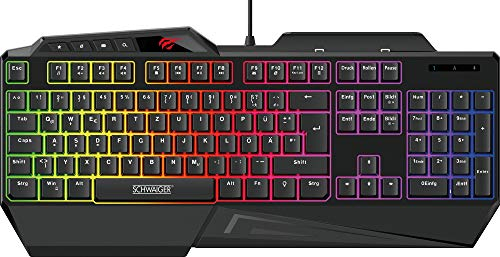 SCHWAIGER GT108 Gaming Tastatur PC Computer-Keyboard RGB Beleuchtung Anti-Ghosting-Tasten QWERTZ Smartphonehalter Handballenablage Multi-Media-Bedienelement Regenbogenfarben