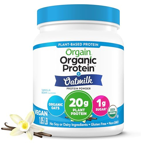 Orgain Organic Vegan Protein Powder + Oat Milk, Vanilla Bean - 20g Plant Based Protein, Gluten Free, No Dairy, Soy or Lactose Ingredients, Low Sugar, Non-GMO, Kosher, For Shakes & Smoothies - 1.05lb