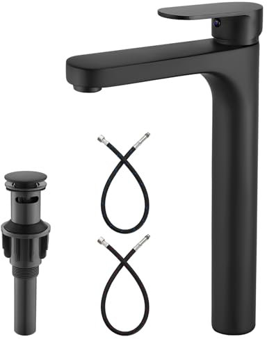 Heyalan Grifo alto para lavabo de baño, color negro mate, con un solo mango, grifo mezclador de lavabo de latón sin desbordamiento, montaje en cubierta, moderno grifo de baño alto negro