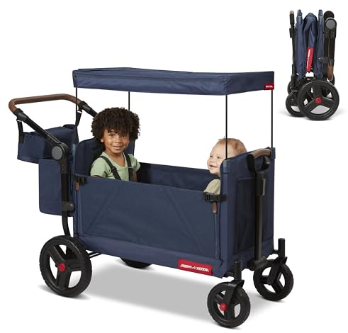 Radio Flyer Atlas Stroll 'N Wagon, Navy Blue, For Ages 1+, 3-in-1 Push or Pull Versatility, One-Hand Fold, UV Canopy, 5-Point Harnesses, Storage Capabilities, Rubber Wheels, Stroller Wagon for Kids