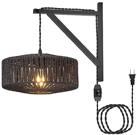 KAMTAT Plug in Wall Sconces Dimmable Black Rattan Wall Sconce Lighting Wall Lamp with Plug in Cord and Dimmable Switch Wall Lights for Bedroom Living Room Rattan Cage Shape Wall Mounted Lamp(1PK)