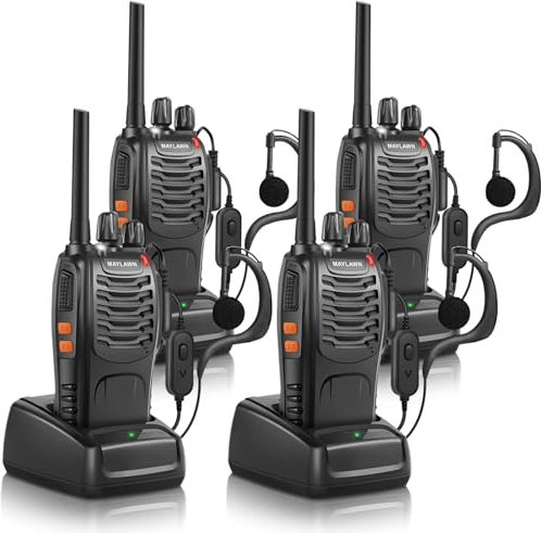 Maylawn Walkie Talkies Pack of 4, Long Range Walkie Talkies for Adults with Rechargeable Batteries, Portable 2 Way Radio with LED Light Earpieces 16CH Supports VOX Function (PMR446)