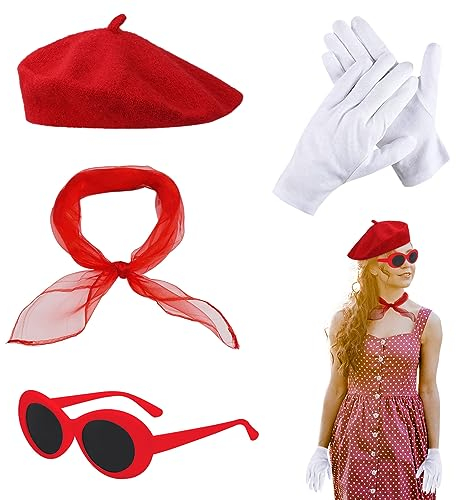 TSHAOUN 4TLG Rockabilly Accessoires 50er Jahre Damen Kleid Zubehör 1950s Kostüm Set Rote Baskenmütze, Schal, Sonnenbrille, Handschuhe,60er Jahre Kleidung für Motoparty Retro Teily Party (Rote)