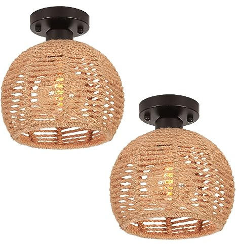 LIGKIN 2 Stücke Deckenleuchte Vintage Boho Rattan Lampe Hängelampe E27 Geflochten Lampenschirm Deckenlampe, Ø20CM Rustikal Industrielle Deckenleuchten für Schlafzimmer Kindergarten Flur Korridor