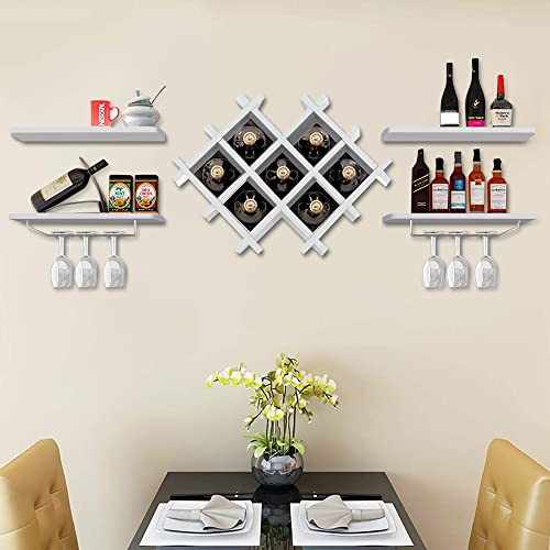 Wandmontage Weinregal, Holz Weinschrank Hängen Diamant Wandhalterung Flaschenhalter Flasche Glashalter Regale mit Weinglashalter für Küche Restaurant Bar (Weiß)