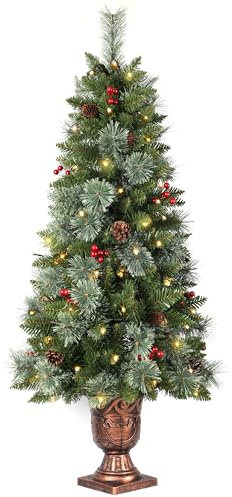Pre-lit Artificial Christmas Tree 120cm/4ft,Potted Decorated Pine Xmas Tree with 100 Warm White LED Lights & 15 Red Berry & 10 Pinecone for Indoor Outdoor